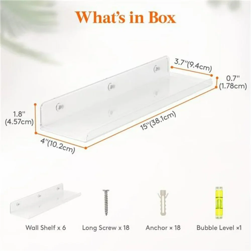 Lifewit Clear Acrylic Floating Wall Shelves 6 Pack Storage Bathroom Bedroom